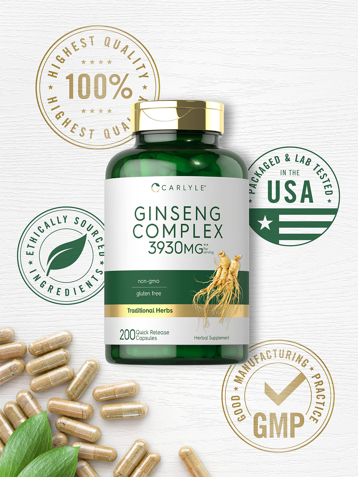 Back of Carlyle Ginseng Complex bottle displaying ingredients list