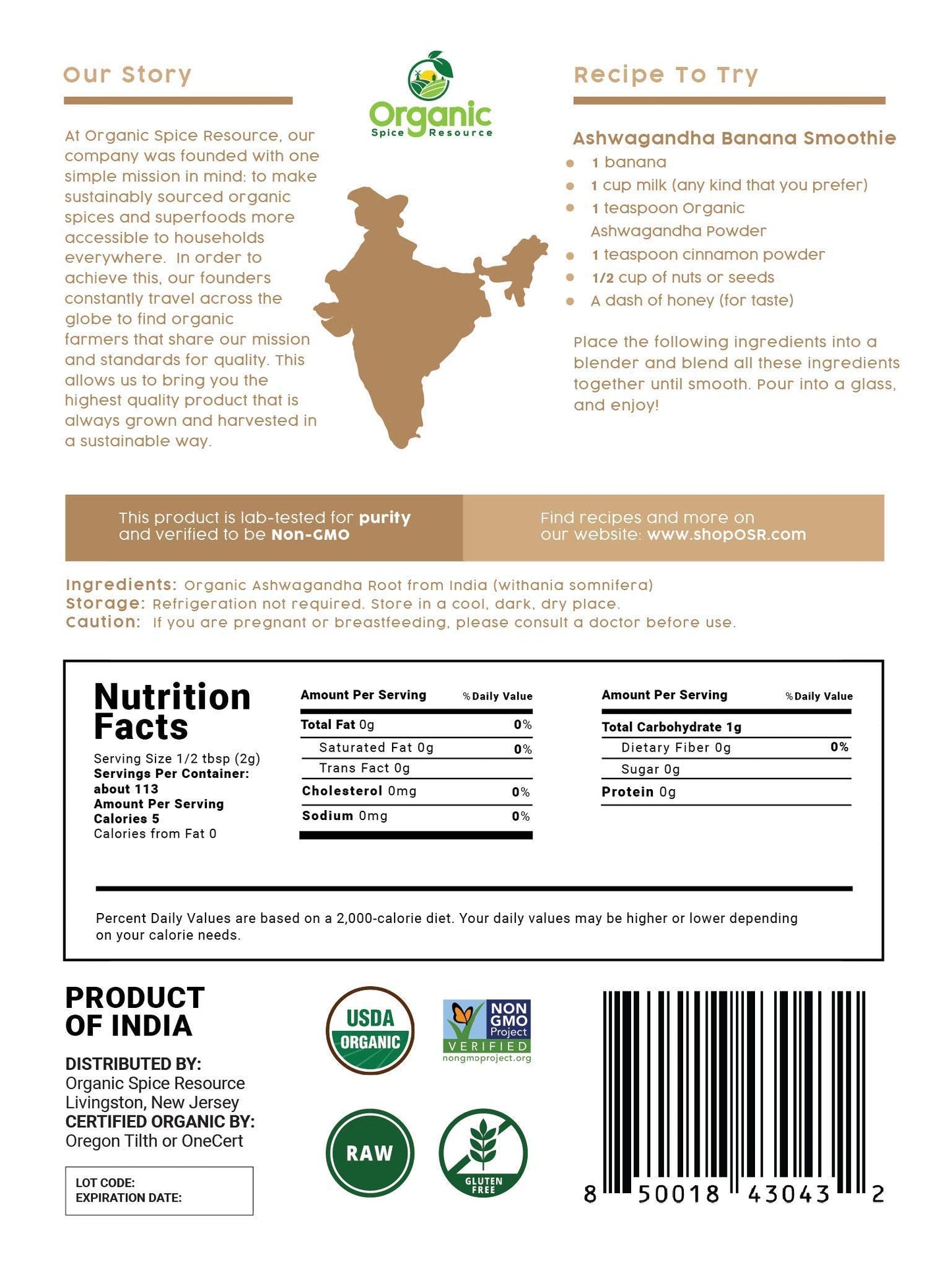 Organic and Non-GMO labels on Amrut Rhizome Ashwagandha packaging
