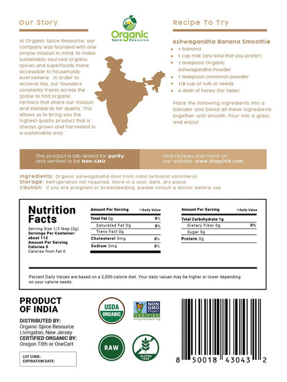 Organic and Non-GMO labels on Amrut Rhizome Ashwagandha packaging
