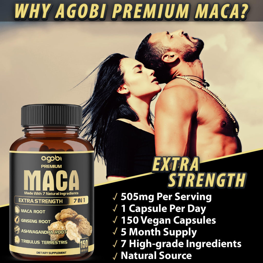 Close up of Agobi maca root bottle label and branding