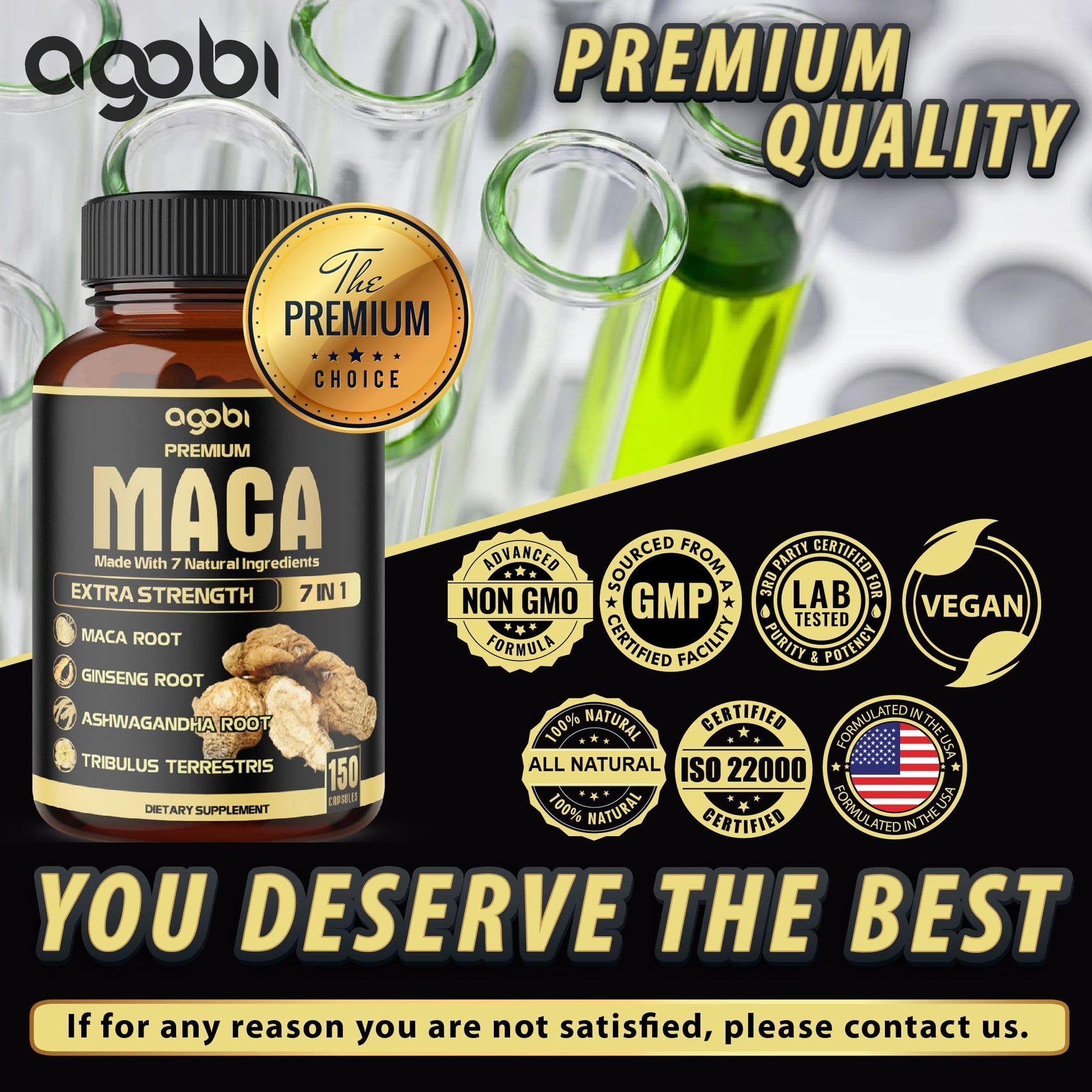Agobi 7-in-1 herbal supplement bottle with organic ingredients listed