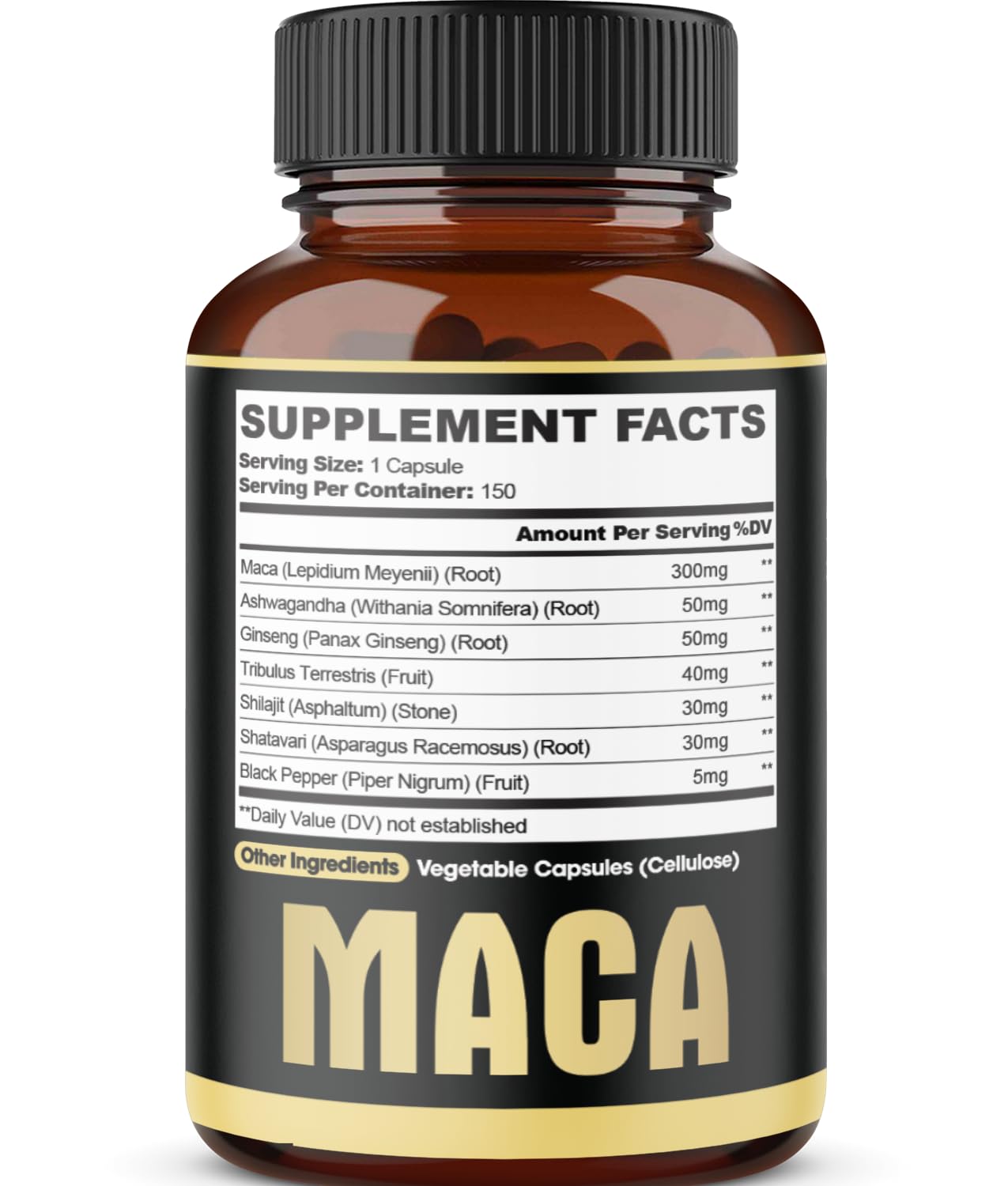 Back label of Agobi maca root capsules with nutritional information