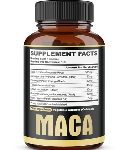 Back label of Agobi maca root capsules with nutritional information