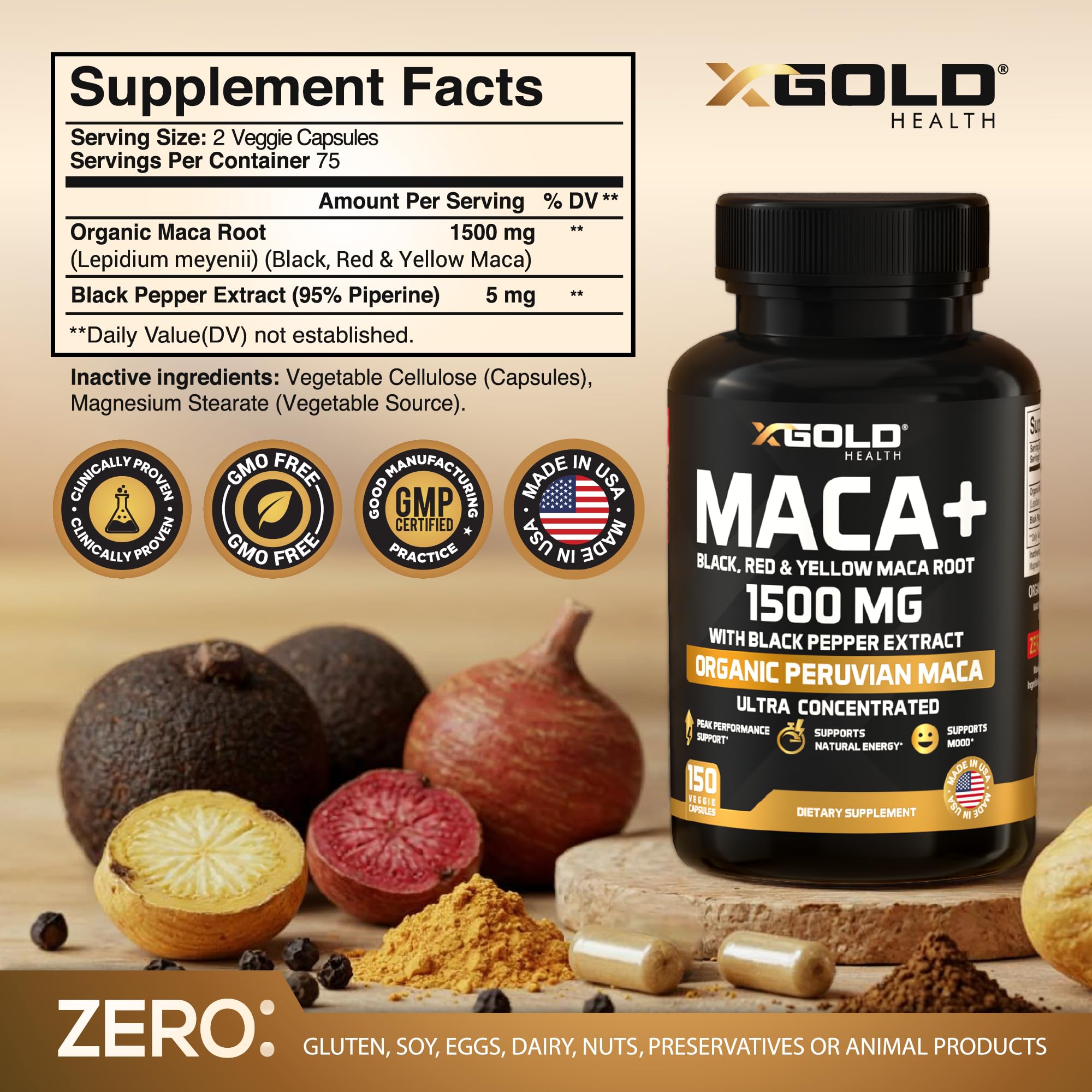 X Gold Health Maca Root 1500mg supplement facts label
