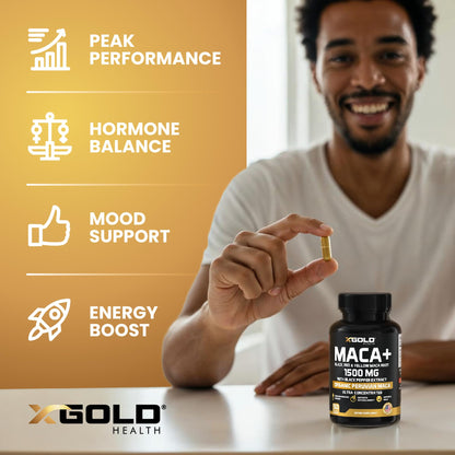 X Gold Health maca root bottle showing 150 vegetarian capsules