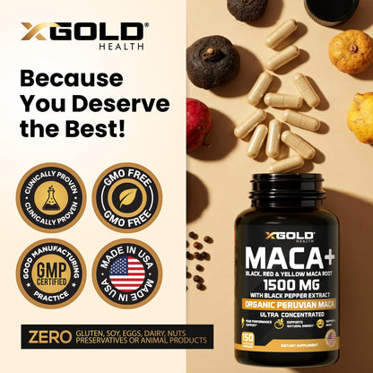 Close up of X Gold Health maca root packaging details