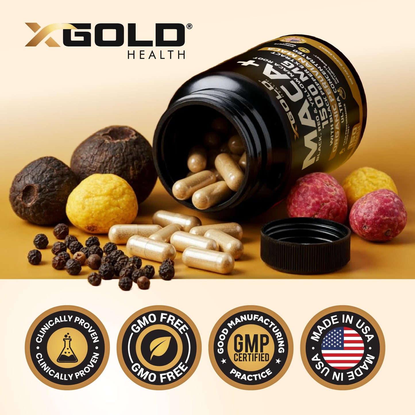 Authentic USA imported X Gold Health maca supplement bottle