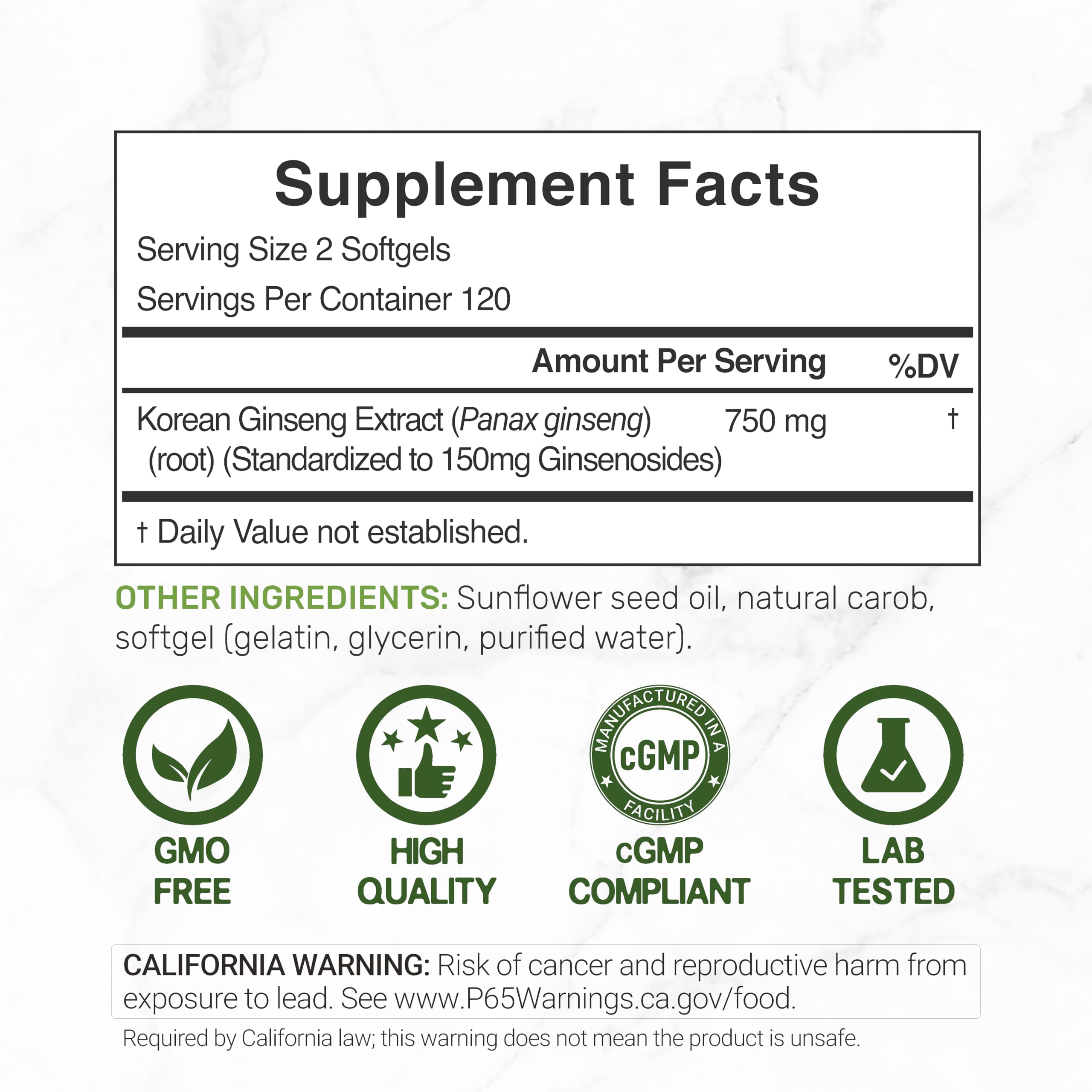 Korean Red Panax Ginseng softgels supplement facts label