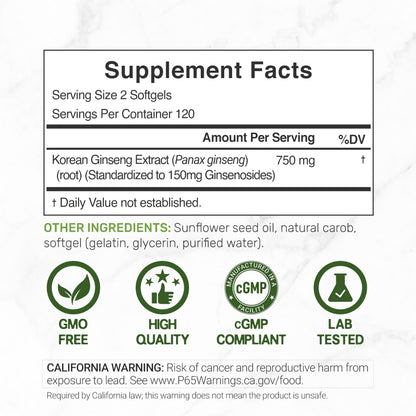 Korean Red Panax Ginseng softgels supplement facts label
