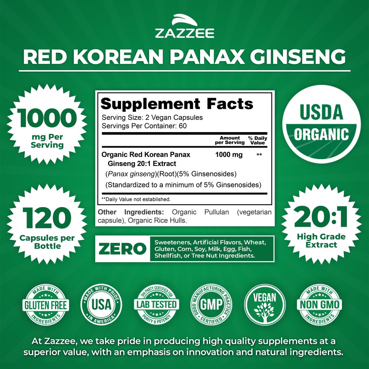 Zazzee ginseng supplement facts and serving information