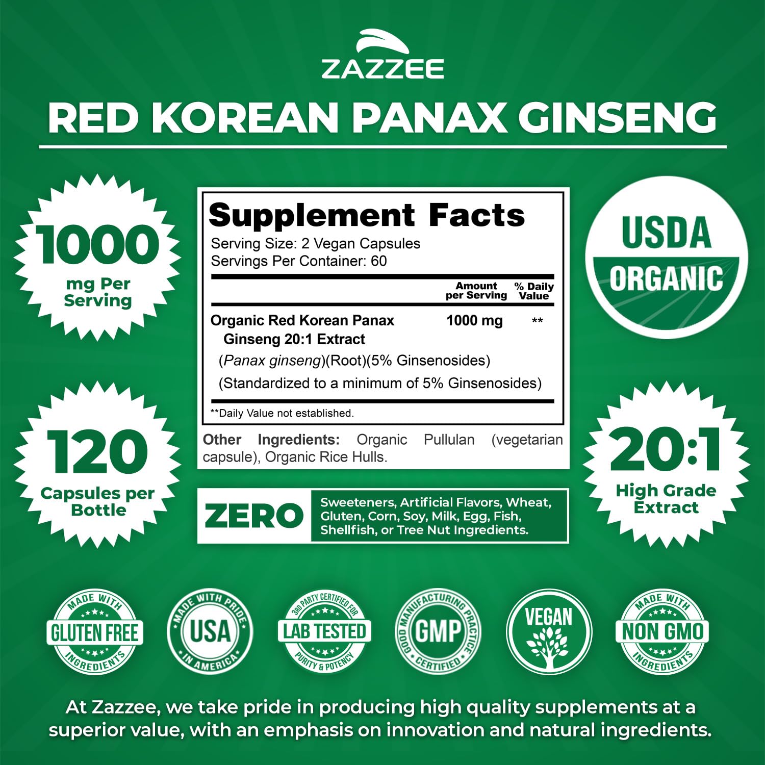 Zazzee ginseng supplement facts and serving information