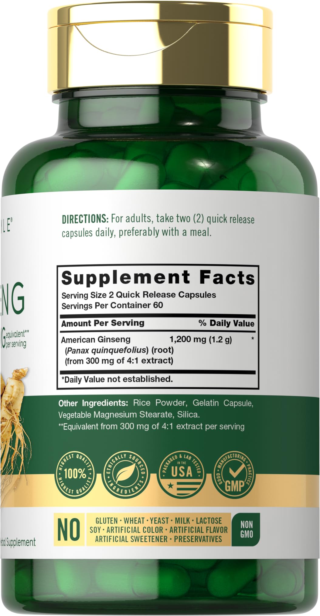 Carlyle American Ginseng 1200mg supplement label details