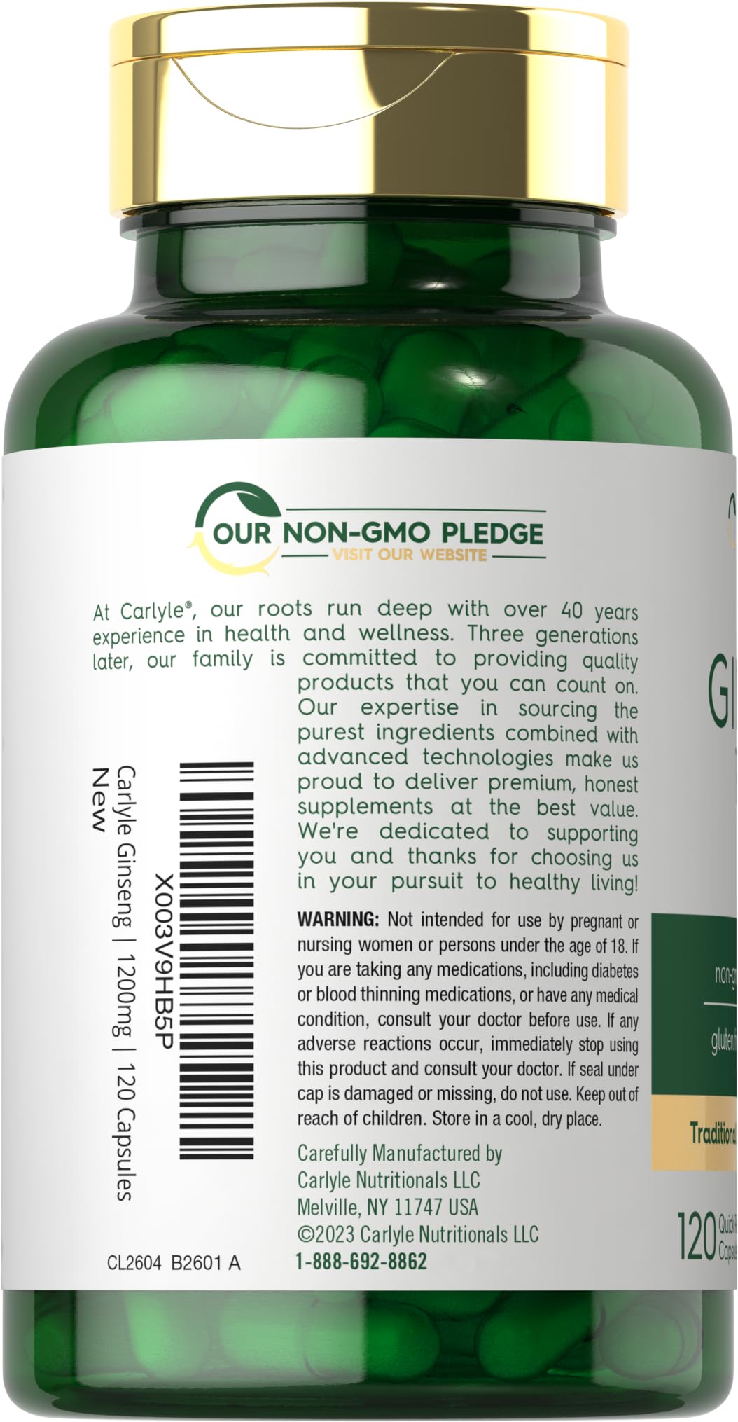 Side view of Carlyle Ginseng supplement bottle showing capsule count