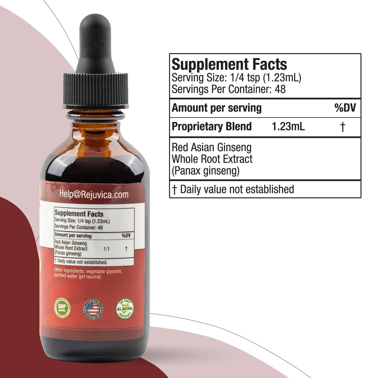 Side view of Rejuvica Health Active Ginseng bottle with dropper