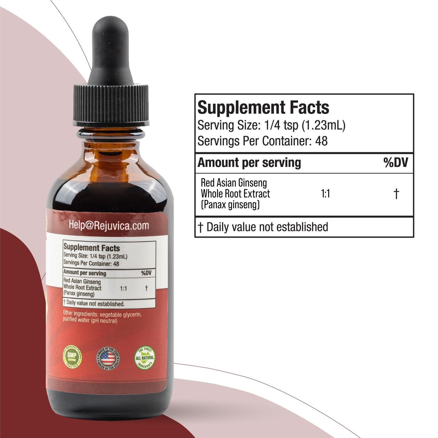 Vegan and gluten-free Rejuvica Health ginseng liquid supplement