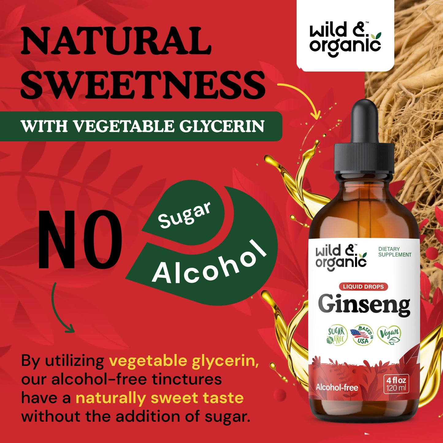 Side view of Wild and Organic ginseng root extract 4 fluid ounce bottle