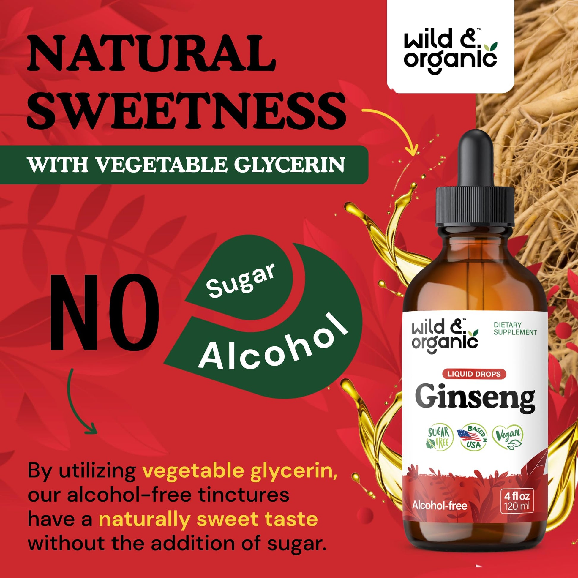 Side view of Wild and Organic ginseng root extract 4 fluid ounce bottle