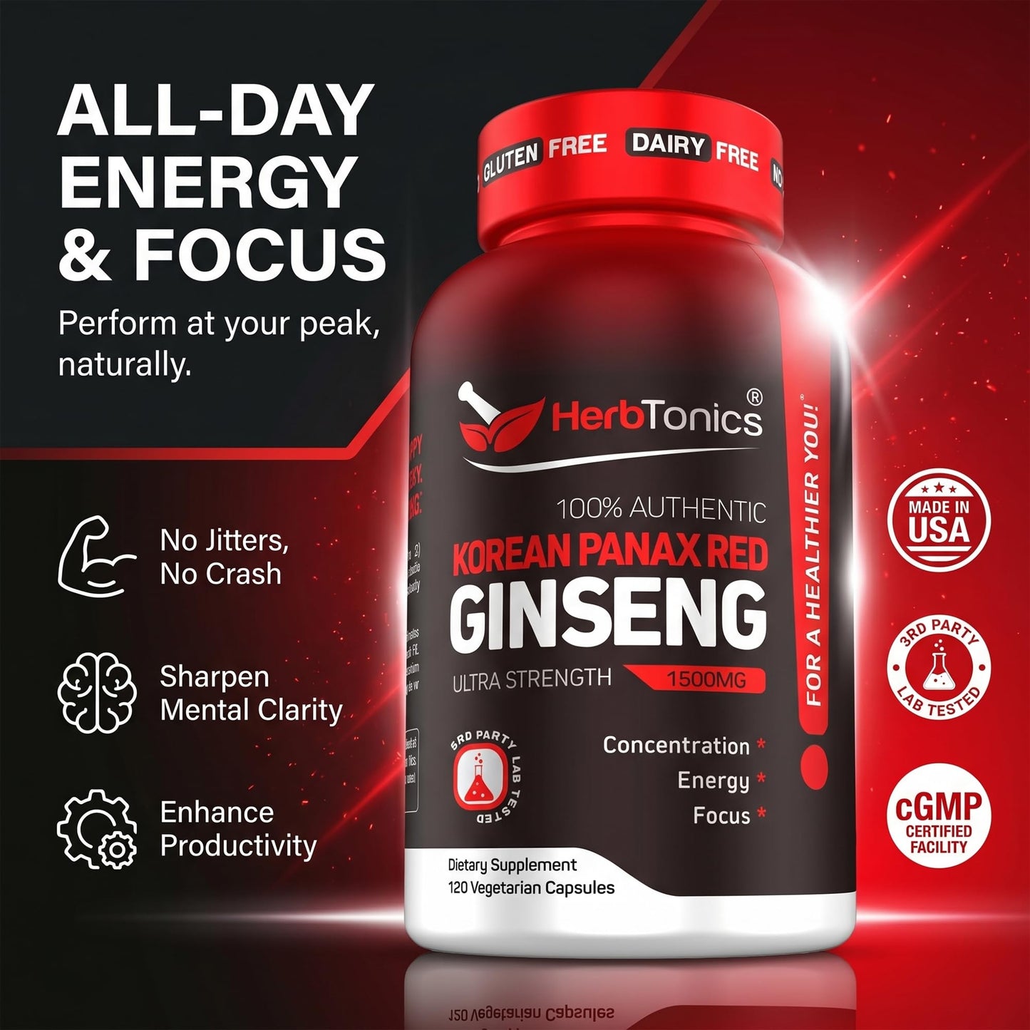 High potency Korean Red Panax Ginseng capsules bottle side view