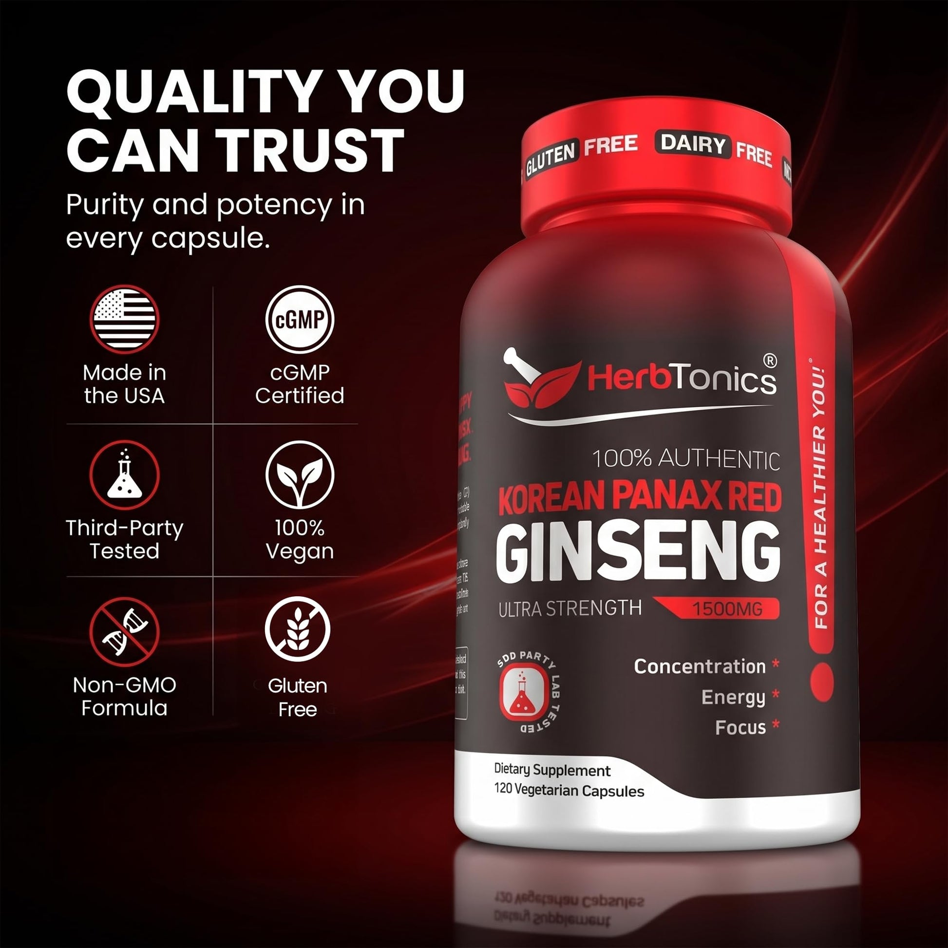 Herbtonics Korean Red Panax Ginseng dietary supplement bottle