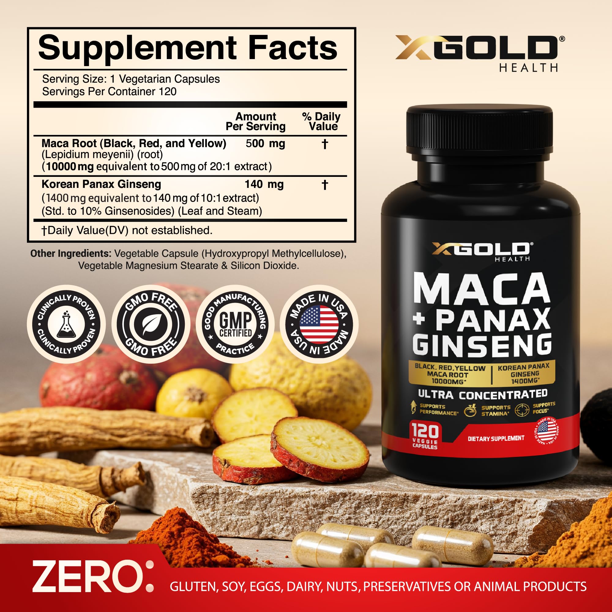 Close up of X Gold Health supplement label showing 10000mg Maca and 1400mg Ginseng