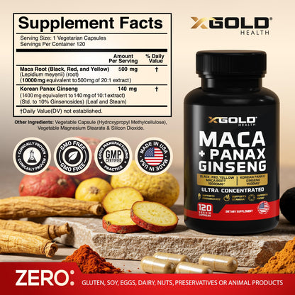 Close up of X Gold Health supplement label showing 10000mg Maca and 1400mg Ginseng