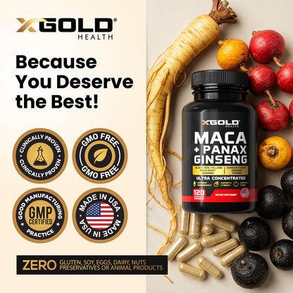 Side view of X Gold Health Maca and Panax Ginseng capsules bottle