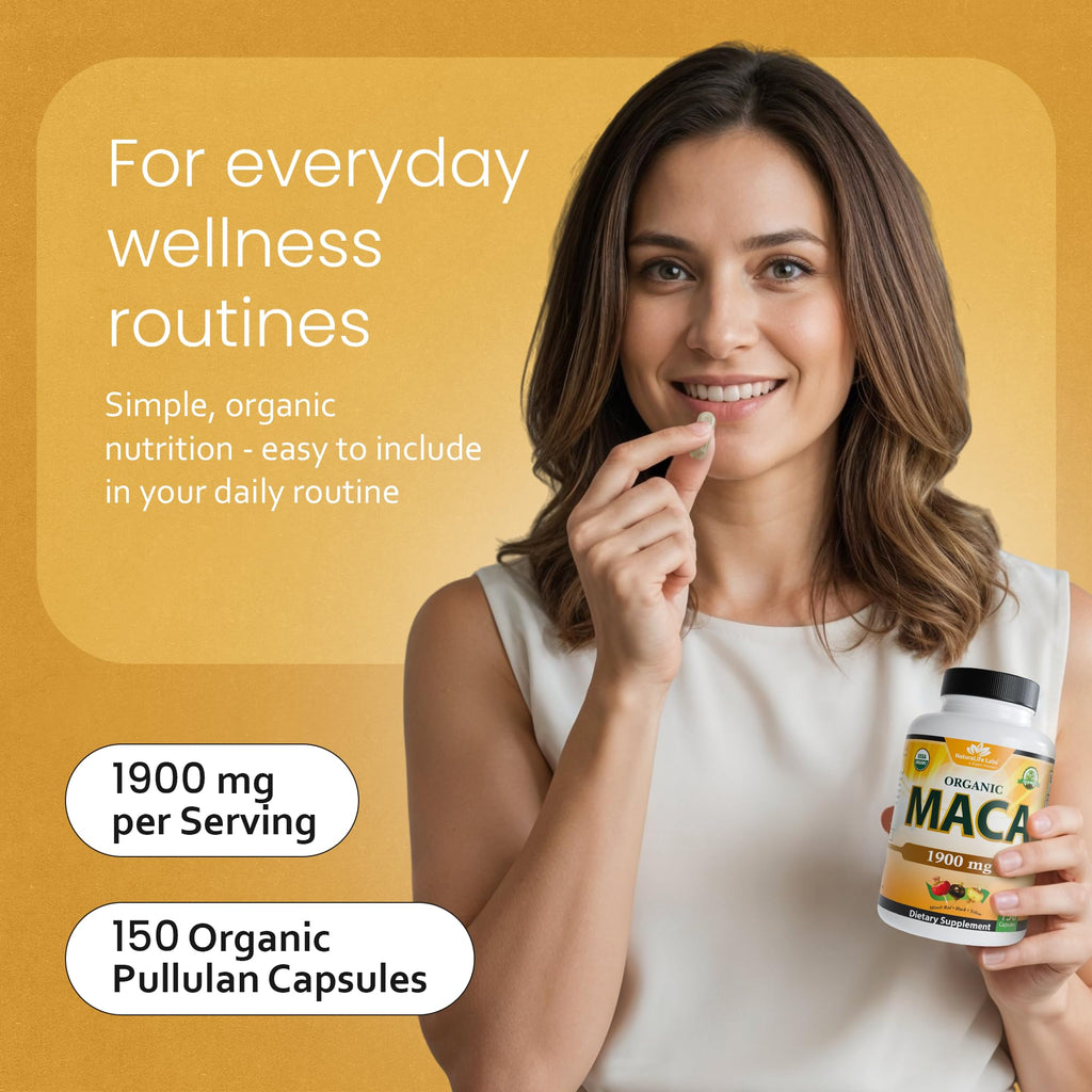 Close up of NaturaLife Labs organic maca root vegan capsules