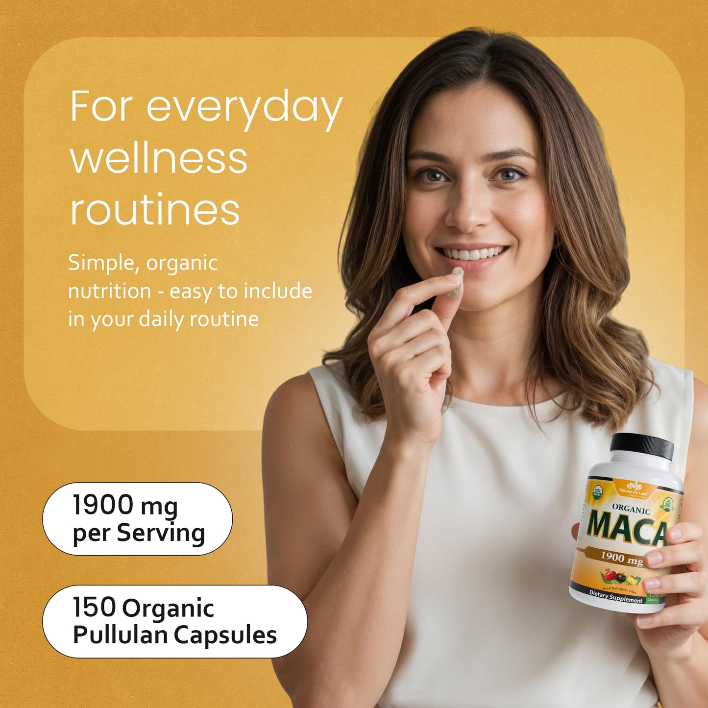 Close up of NaturaLife Labs organic maca root vegan capsules