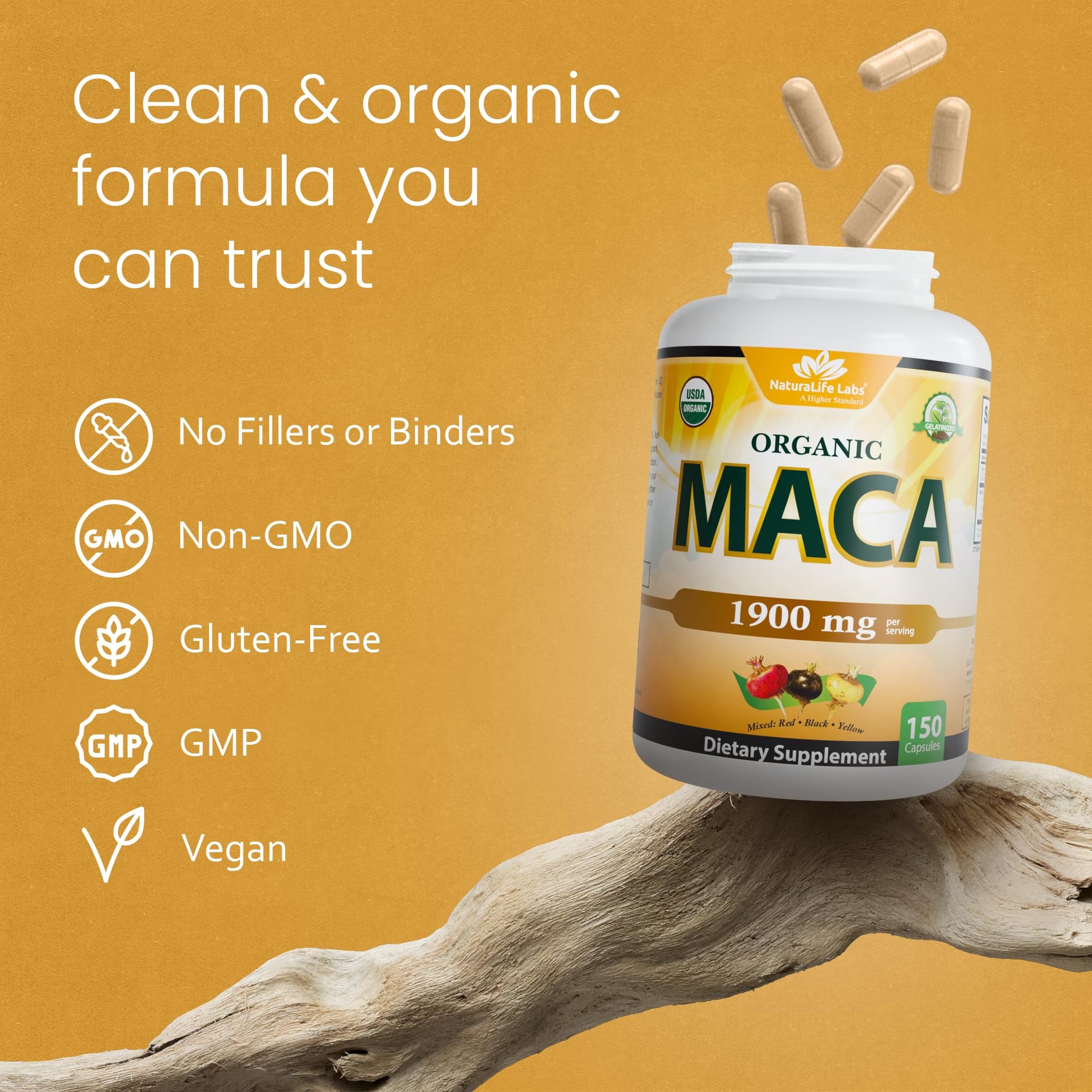 NaturaLife Labs maca root nutritional supplement certification labels