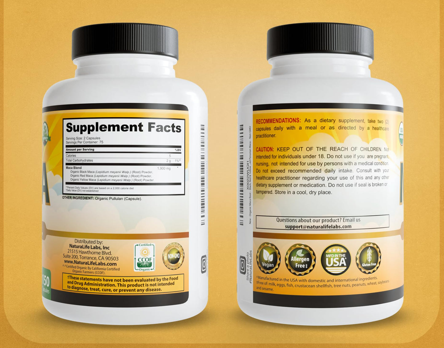 NaturaLife Labs maca root 150 count bottle top view