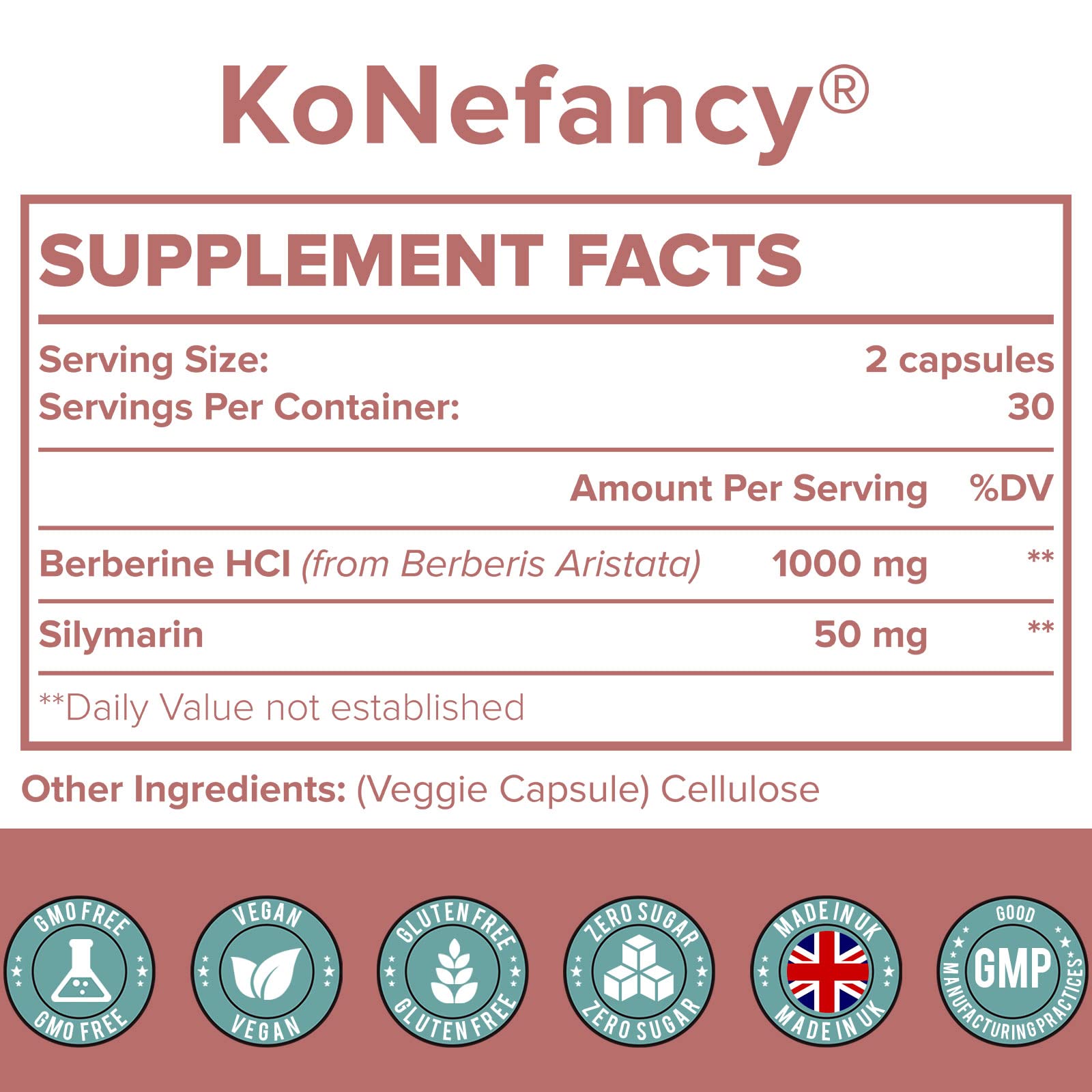 KoNefancy Berberine HCL supplement facts and ingredient label close up detail