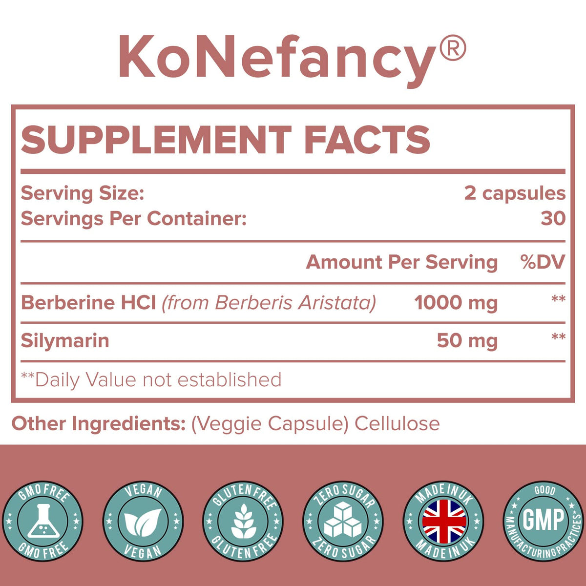 KoNefancy Berberine HCL supplement facts and ingredient label close up detail