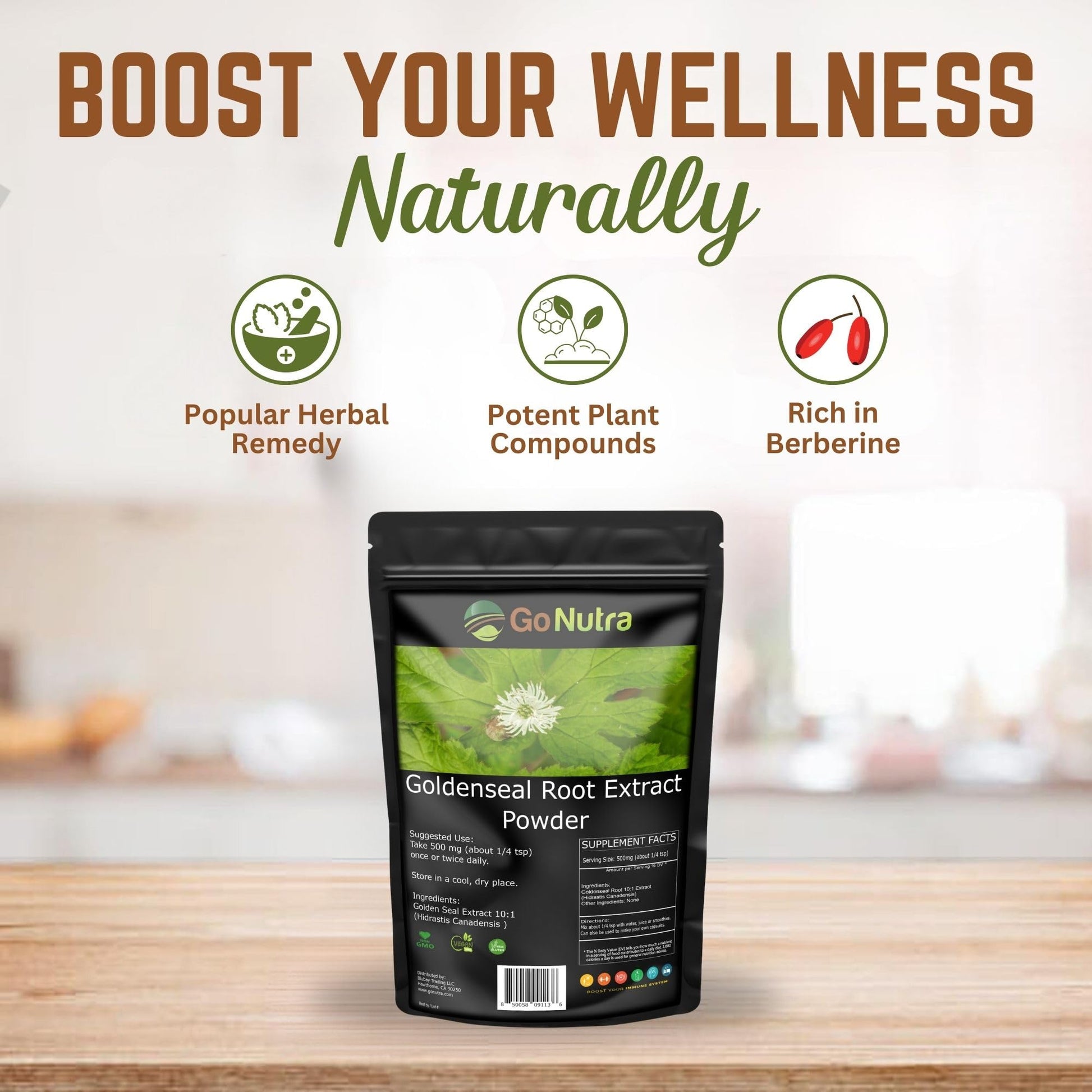 Vinatura Goldenseal Root Powder supplement facts label details indicating ten-to-one extract ratio strength.