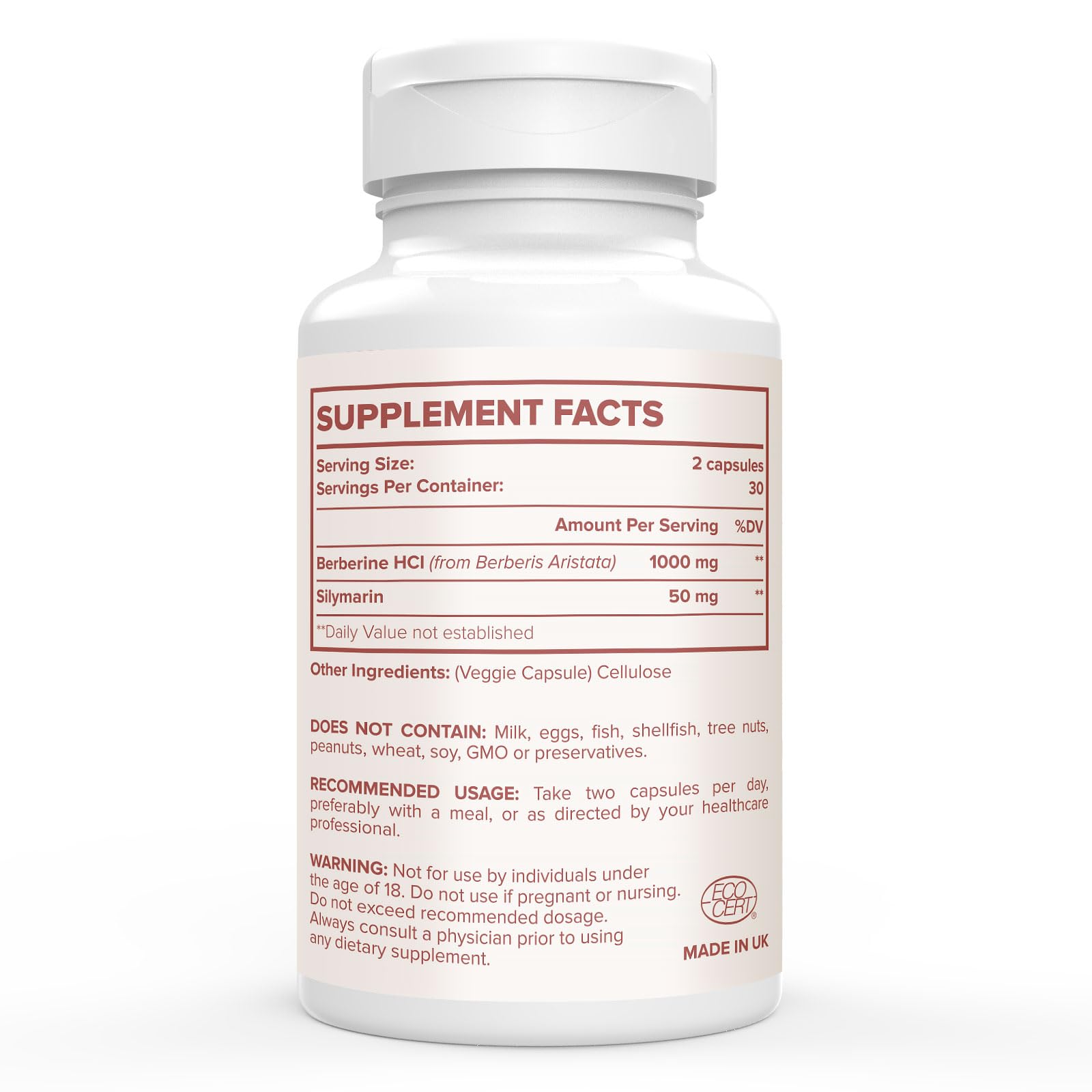 Side view of KoNefancy Berberine HCL and Silymarin complex for cardiovascular and liver health