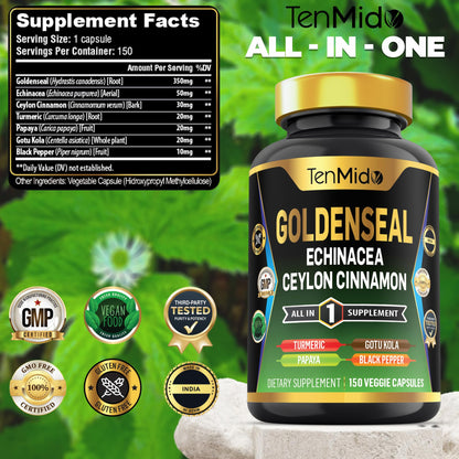 Tenmido Goldenseal Root supplement bottle angled view highlighting the certified Non-GMO and compliant formula icons.