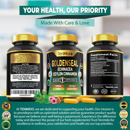 Authentic USA imported Tenmido Goldenseal 7-in-1 advanced formula packaging details and usage directions.