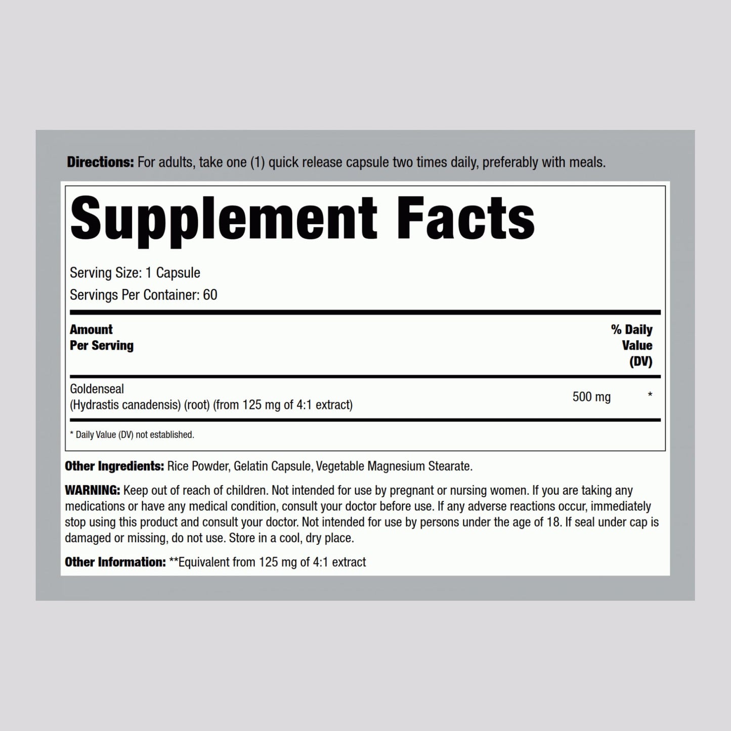 Lindberg Goldenseal Root 60 quick release capsules showing authentic imported label information