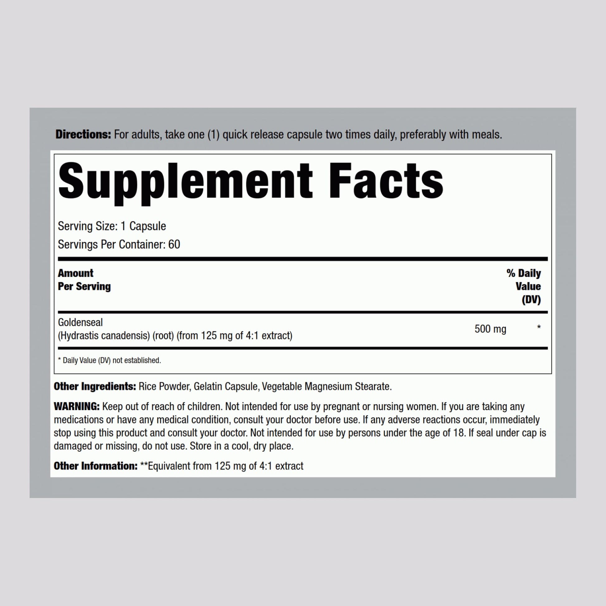 Lindberg Goldenseal Root 60 quick release capsules showing authentic imported label information