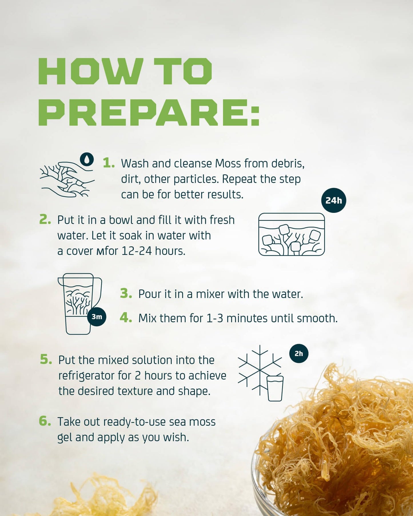 Preparation steps for converting raw wildcrafted Irish sea moss into nutritional gel