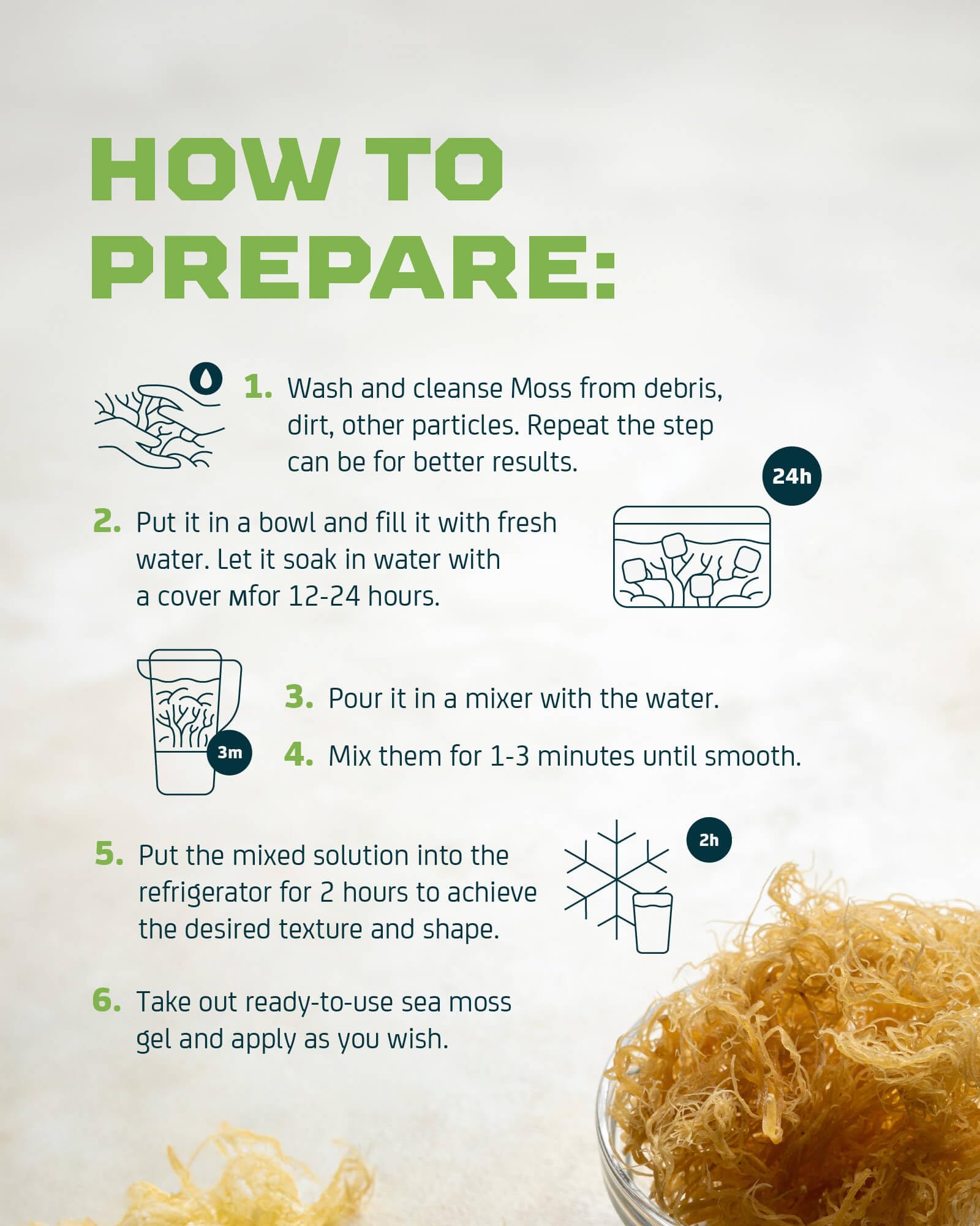 Preparation steps for converting raw wildcrafted Irish sea moss into nutritional gel