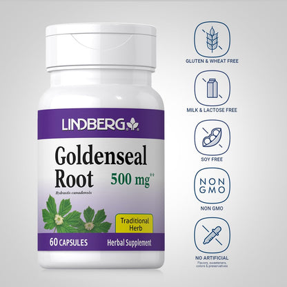 Side view of Lindberg Goldenseal supplement bottle highlighting non-GMO and gluten-free seals