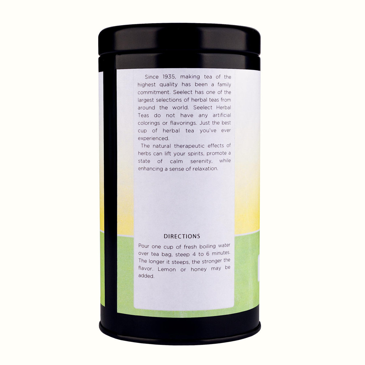 Seelect Goldenseal premium herbal infusion ingredients and nutritional supplement facts label close view