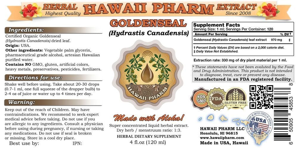 Hawaii Pharm goldenseal alcohol free tincture bottle showing supplement facts label