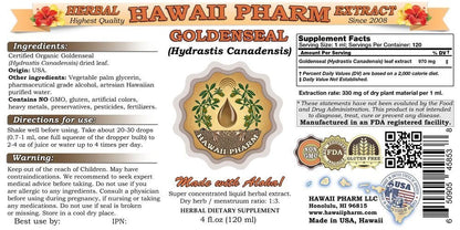 Hawaii Pharm goldenseal alcohol free tincture bottle showing supplement facts label