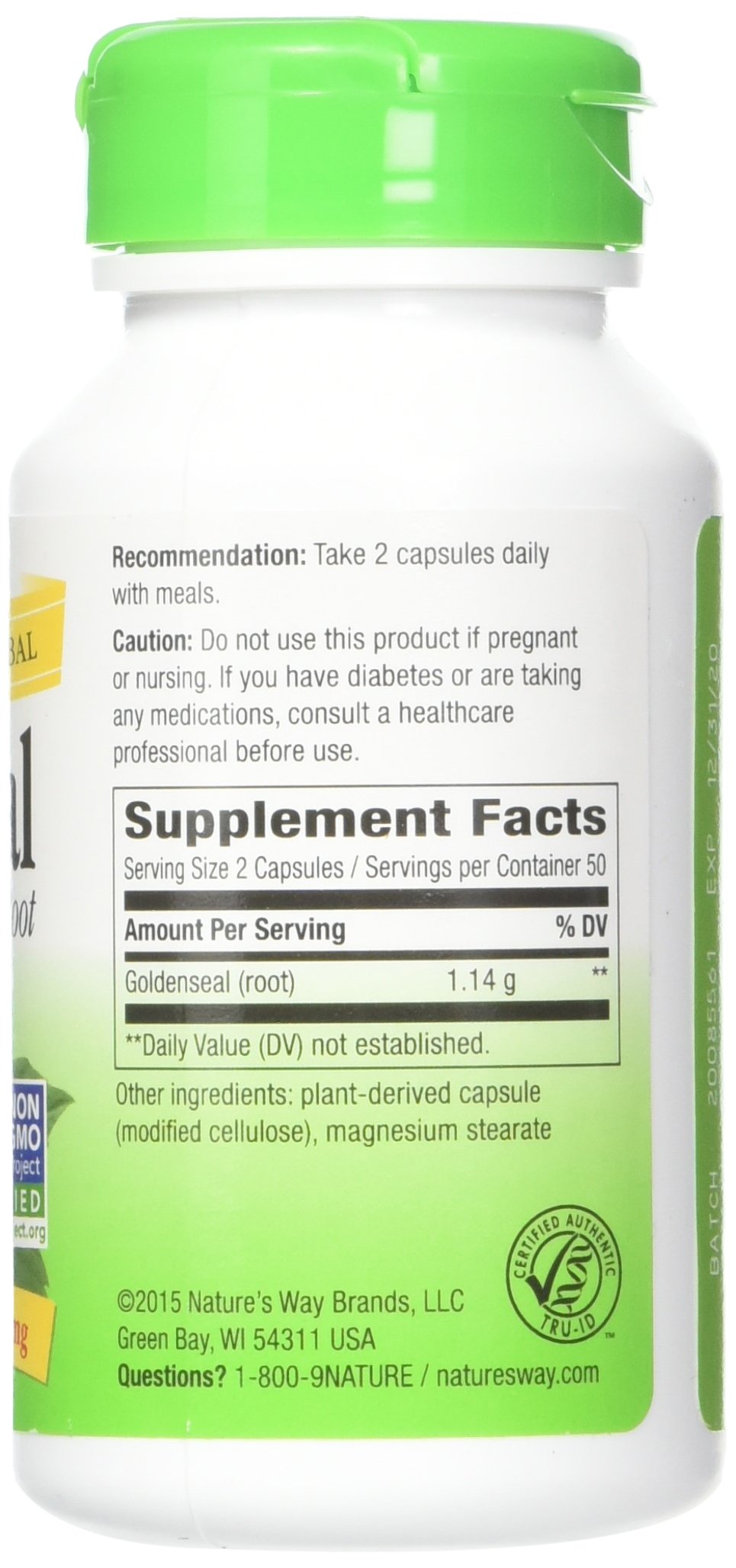 Nature's Way Goldenseal Root supplement facts panel showing berberine content and directions