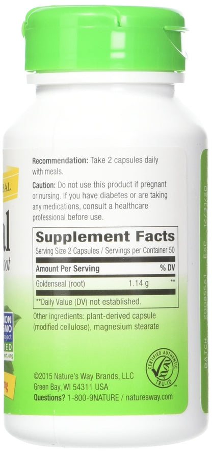 Nature's Way Goldenseal Root supplement facts panel showing berberine content and directions