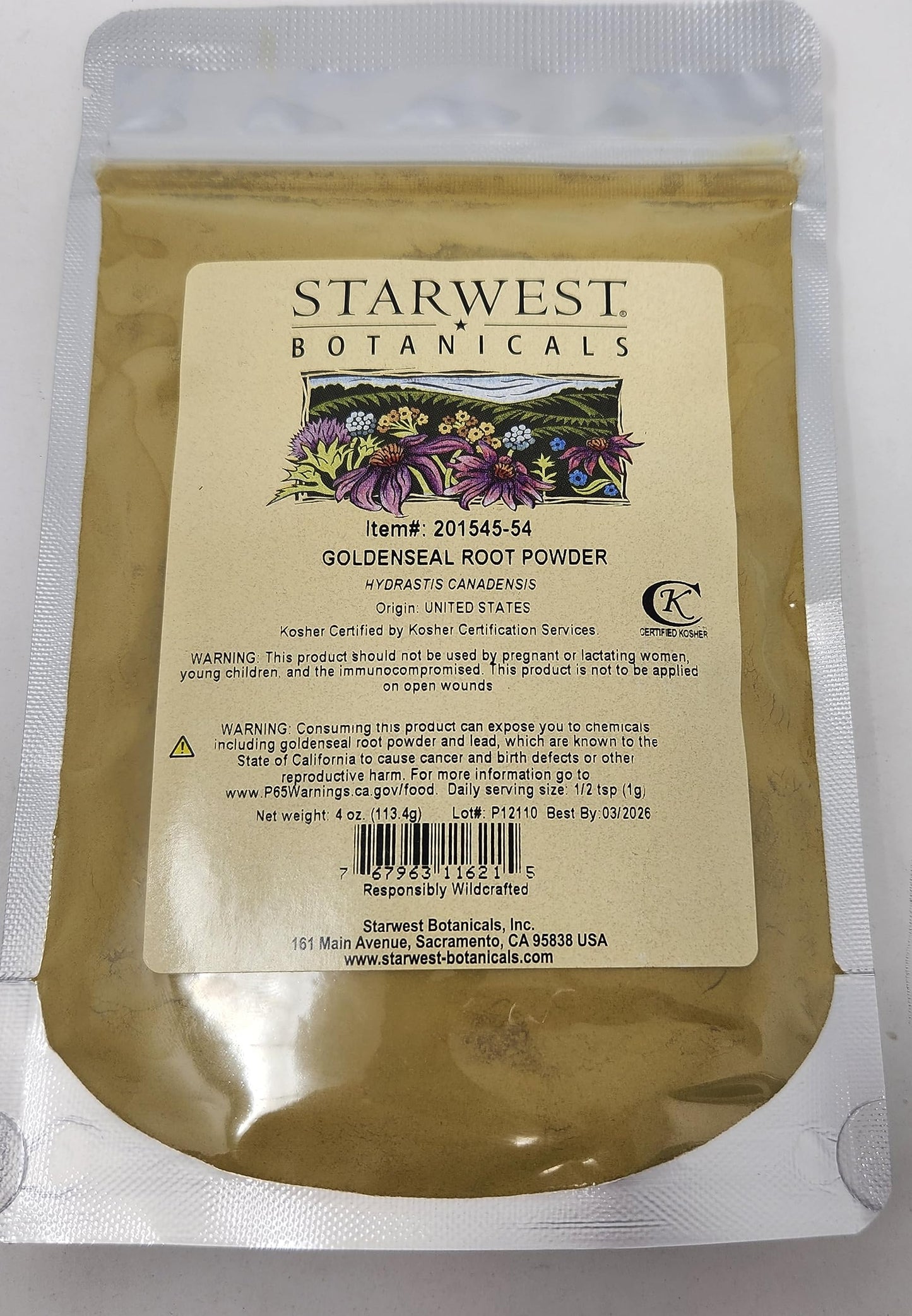 Starwest Botanicals Goldenseal Root Powder product label showing botanical name