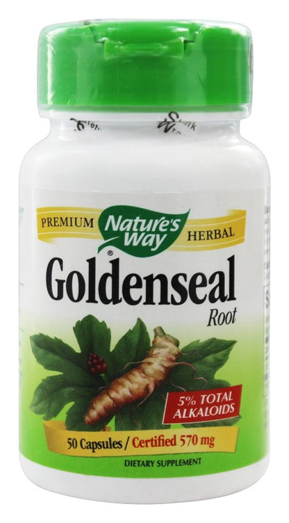 Nature's Way Goldenseal Root supplement facts panel showing ingredient dosage and TRU-ID certification seals.