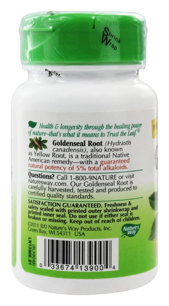 Premium herbal goldenseal root capsules container displaying non-GMO project verified label and usage instructions.