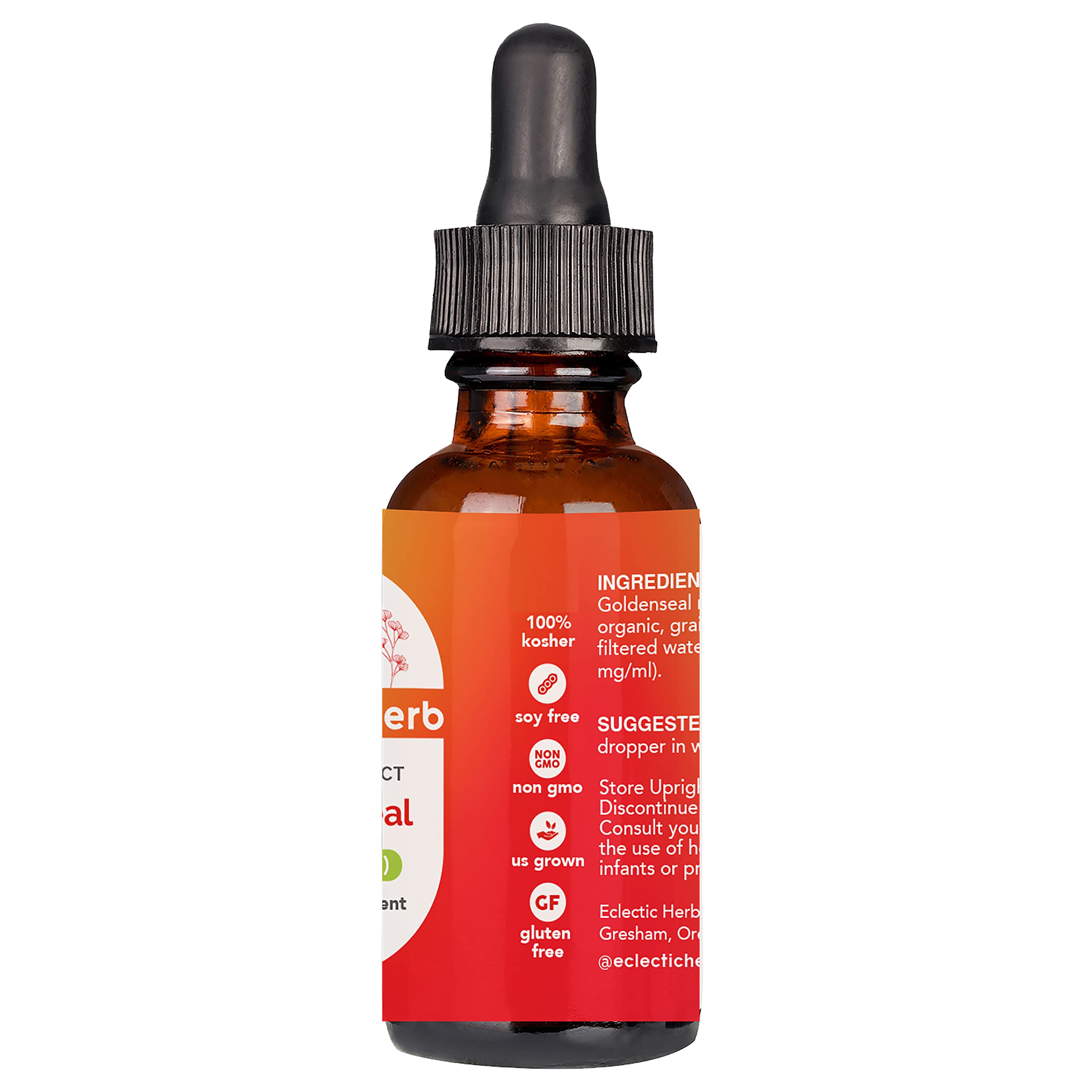 Side view of Eclectic Institute Goldenseal liquid extract showing product ingredients and traditional herbal properties.